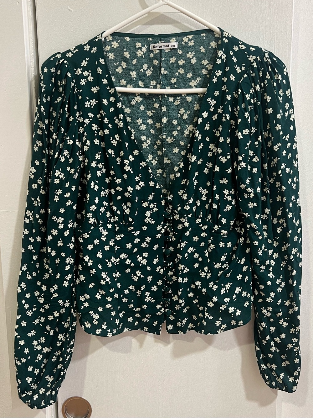 Reformation Dark Green Ditsy Floral V-Neck Blouse